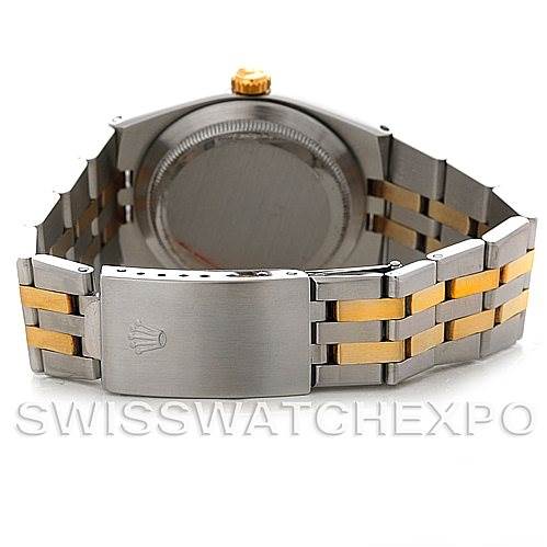 The image shows the back view of a Rolex Oysterquartz 17013 Men's Stainless Steel Silver Dial 17013 Men's Stainless Steel Silver Dial watch, highlighting its case back, clasp, and two-tone bracelet.