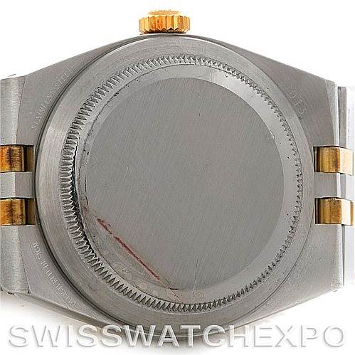 This image shows the case back and partial bracelet of a Rolex Oysterquartz 17013 Men's Stainless Steel Silver Dial 17013 Men's Stainless Steel Silver Dial watch, viewed from the back.