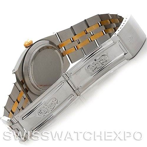 This image shows the back and bracelet of a Rolex Oysterquartz 17013 Men's Stainless Steel Silver Dial 17013 Men's Stainless Steel Silver Dial watch, featuring a two-tone metal design.