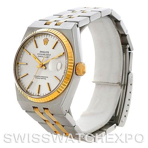 This image shows a Rolex Oysterquartz 17013 Men's Stainless Steel Silver Dial 17013 Men's Stainless Steel Silver Dial Datejust watch from a front angle, highlighting its dial, bezel, and bracelet.