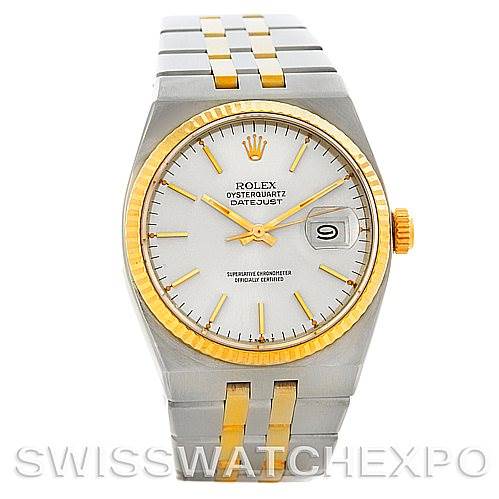The image shows a front view of the Rolex Oysterquartz 17013 Men's Stainless Steel Silver Dial 17013 Men's Stainless Steel Silver Dial Datejust watch, highlighting its dial, bezel, and bracelet.
