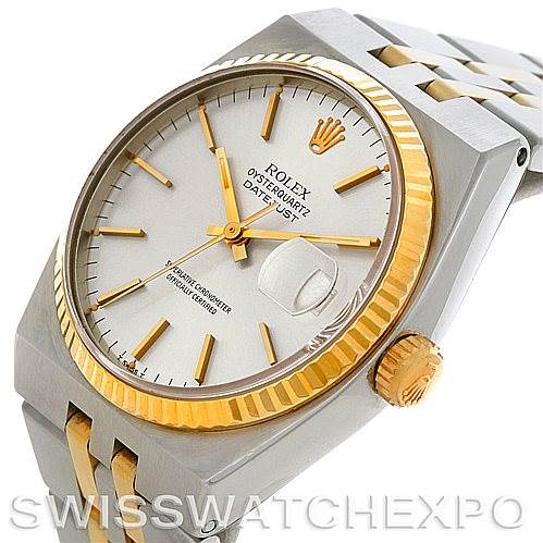 The image shows a Rolex Oysterquartz 17013 Men's Stainless Steel Silver Dial 17013 Men's Stainless Steel Silver Dial watch at an angle highlighting the dial, gold bezel, crown, and part of the bracelet.