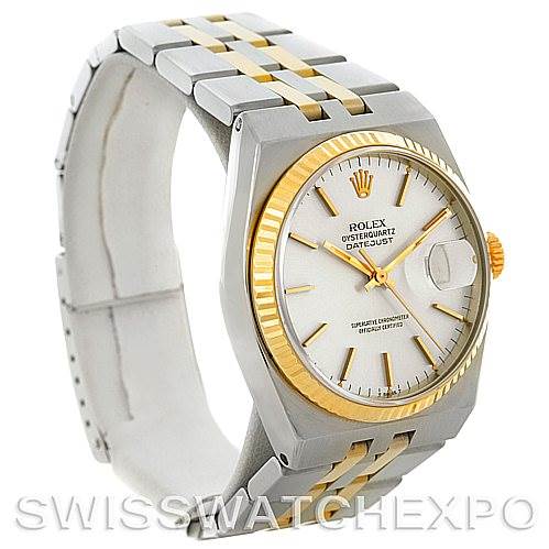 This image shows an angled front and side view of the Rolex Oysterquartz 17013 Men's Stainless Steel Silver Dial 17013 Men's Stainless Steel Silver Dial watch, focusing on the face, bezel, and bracelet.