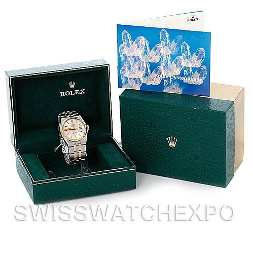 The image shows a Rolex Oysterquartz 17013 Men's Stainless Steel Silver Dial 17013 Men's Stainless Steel Silver Dial watch in its box along with an instruction booklet and outer packaging at a slightly elevated front angle.