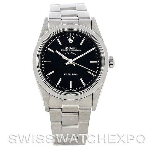 The image shows a front view of a Rolex Oysterquartz 14000 Men's Stainless Steel Black Dial 14000 Men's Stainless Steel Black Dial Air-King watch, displaying its face, bezel, and bracelet.