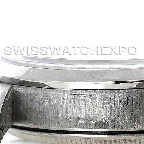 The image shows a close-up view of the case back and side of the Rolex Oysterquartz 14000 Men's Stainless Steel Black Dial 14000 Men's Stainless Steel Black Dial watch with part of the serial number visible.