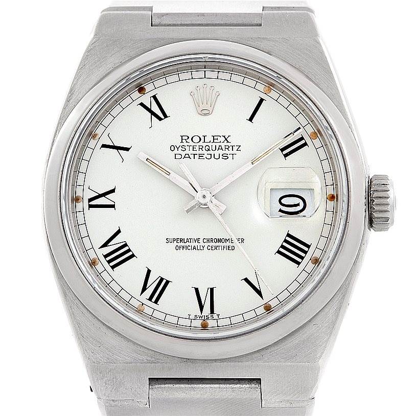 The image shows a front view of the Rolex Oysterquartz 17000 Men's Stainless Steel White Dial 17000 Men's Stainless Steel White Dial Datejust watch, highlighting the dial, hands, crown, and date window.