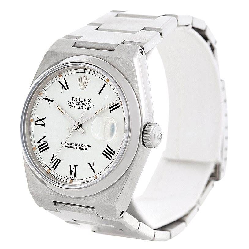 The Rolex Oysterquartz 17000 Men's Stainless Steel White Dial 17000 Men's Stainless Steel White Dial model is shown at a three-quarter angle, highlighting the dial, bezel, crown, and part of the bracelet.
