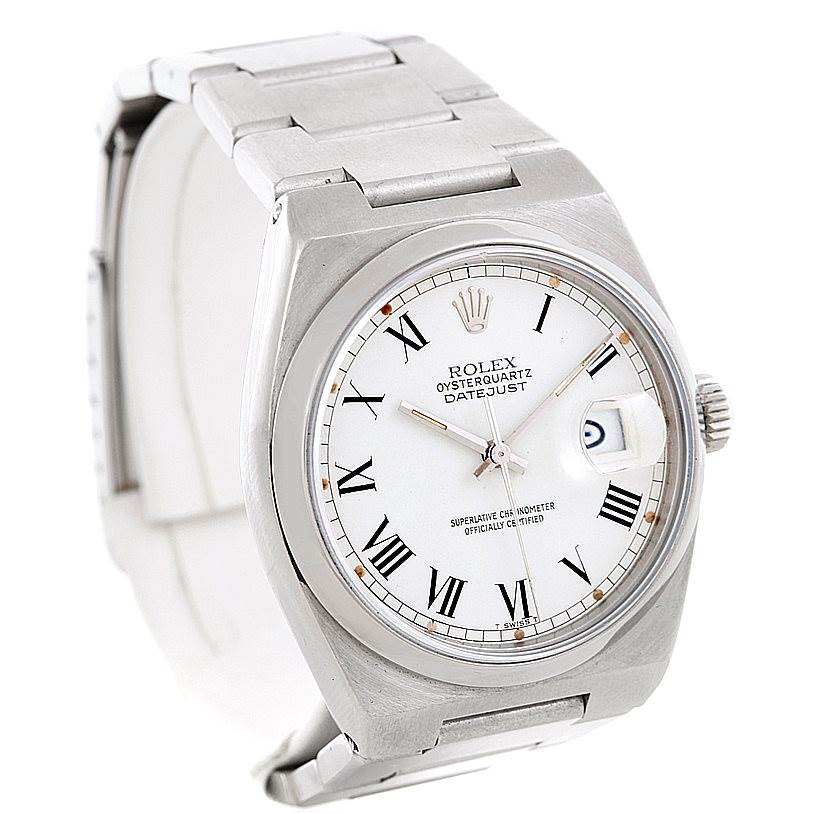 The image shows a Rolex Oysterquartz 17000 Men's Stainless Steel White Dial 17000 Men's Stainless Steel White Dial watch from the front and slightly to the left, highlighting its bracelet, dial, and date window.