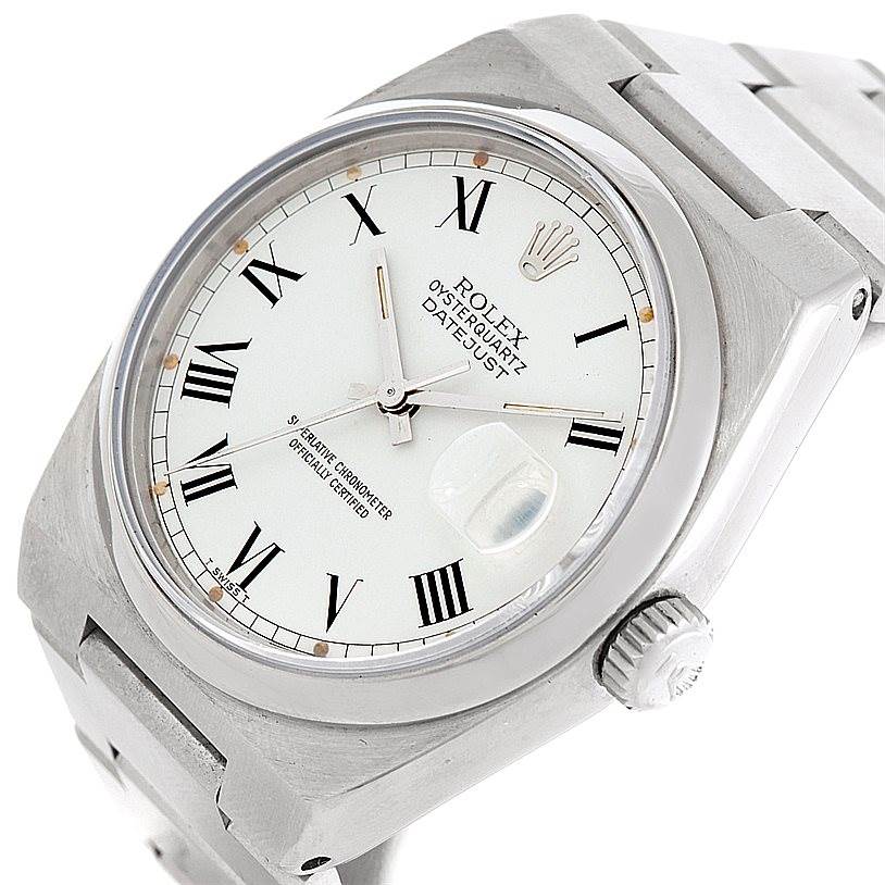 The Rolex Oysterquartz 17000 Men's Stainless Steel White Dial 17000 Men's Stainless Steel White Dial watch is shown at an angled view, displaying the face, crown, and part of the bracelet.