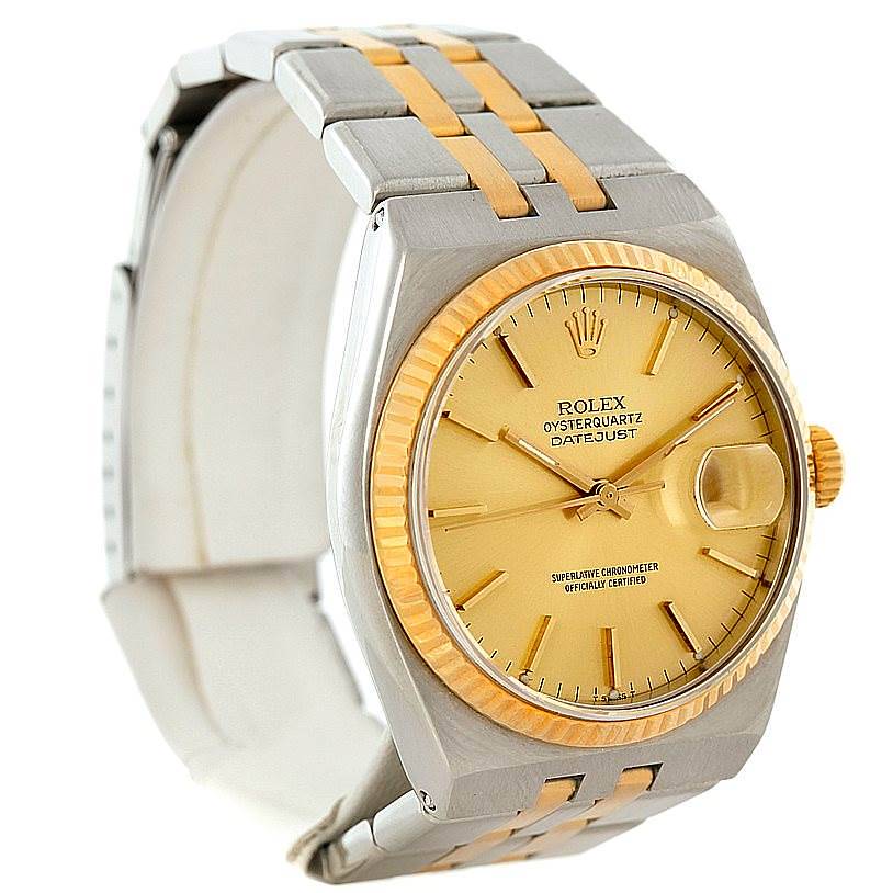 The Rolex Oysterquartz watch is shown from a front-left angle, highlighting its dial, bezel, and part of the bracelet.