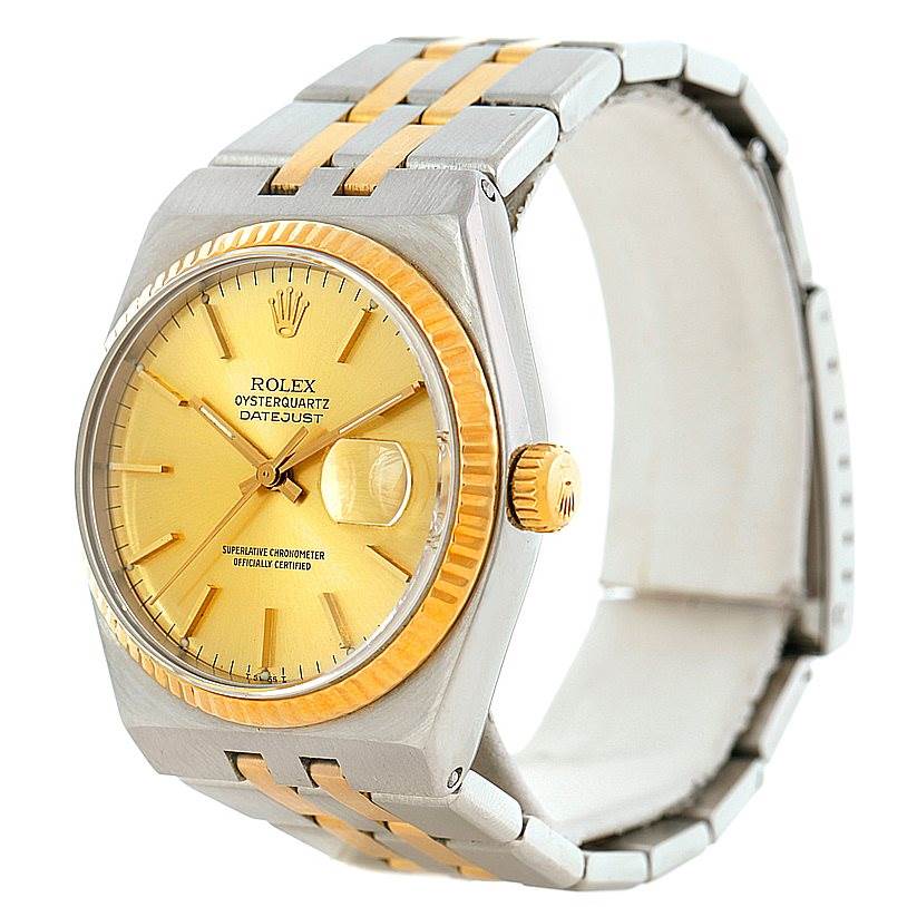 This Rolex Oysterquartz 17013 Men's Stainless Steel Champagne Dial 17013 Men's Stainless Steel Champagne Dial watch is shown at a three-quarter angle, highlighting its dial, bezel, case, and bracelet.