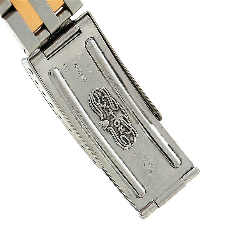 The image shows the clasp of a Rolex Oysterquartz 17013 Men's Stainless Steel Champagne Dial 17013 Men's Stainless Steel Champagne Dial watch, displaying the engraved branding and metal details.