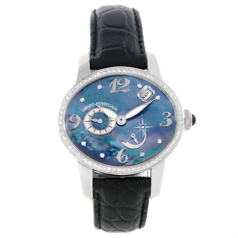 This image shows a front view of the Girard Perregaux Cat's Eye 18K White Gold Diamond Watch 80481 by Girard-Perregaux 80481 Women's White Gold Mother of Pearl Dial 80481 Women's White Gold Mother of Pearl Dial.