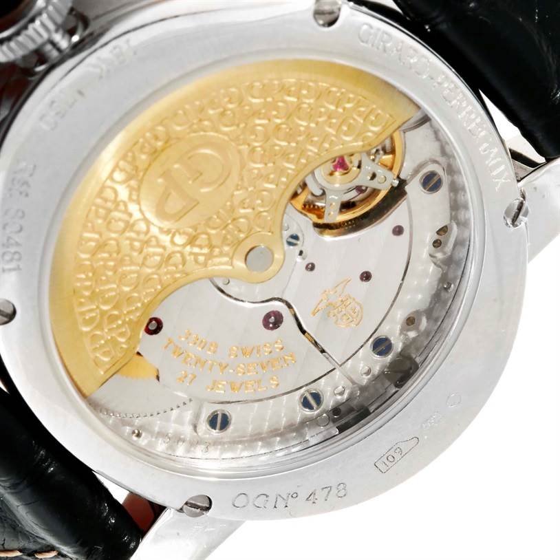 The image shows the back of a Girard Perregaux Cat's Eye 18K White Gold Diamond Watch 80481, revealing its intricate internal mechanism.