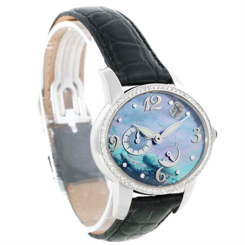 The image shows a Girard Perregaux Cat's Eye 18K White Gold Diamond Watch 80481 model in a 3/4 angle, highlighting the dial, bezel, and strap.