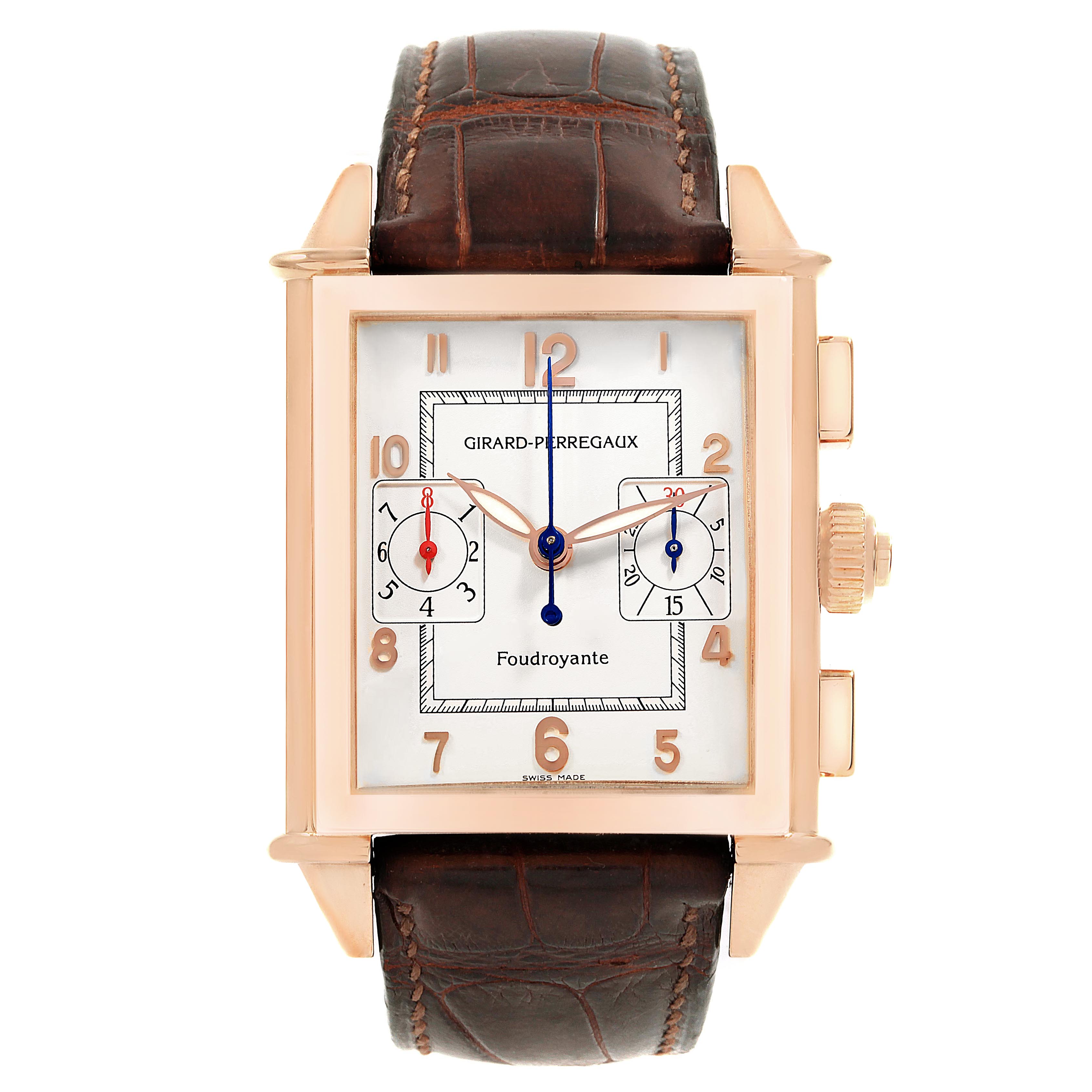 This image showcases a front view of the Girard Perregaux 1945 Rose Gold Split Second Chrono Watch 9021 by Girard-Perregaux 9021 Men's Rose Gold Silver Dial 9021 Men's Rose Gold Silver Dial, highlighting its dial and brown strap.