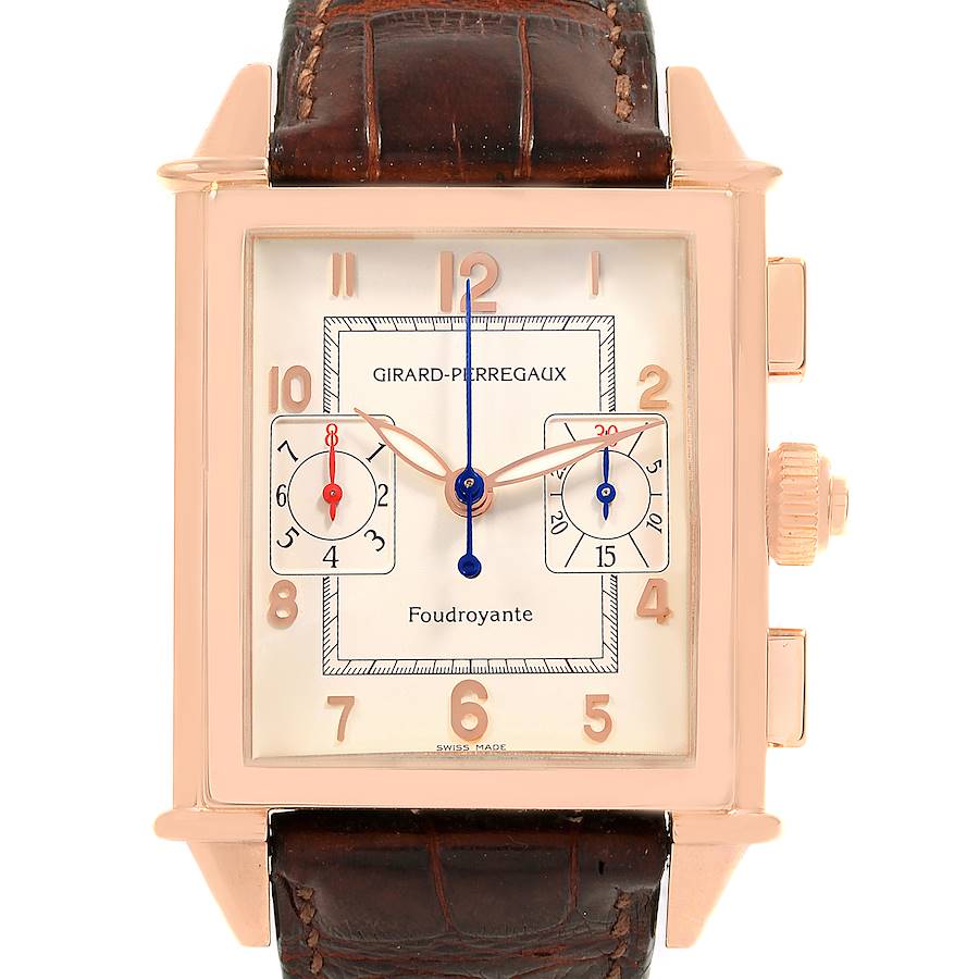 The image shows a front view of the Girard Perregaux 1945 Rose Gold Split Second Chrono Watch 9021 by Girard-Perregaux with a brown leather strap.