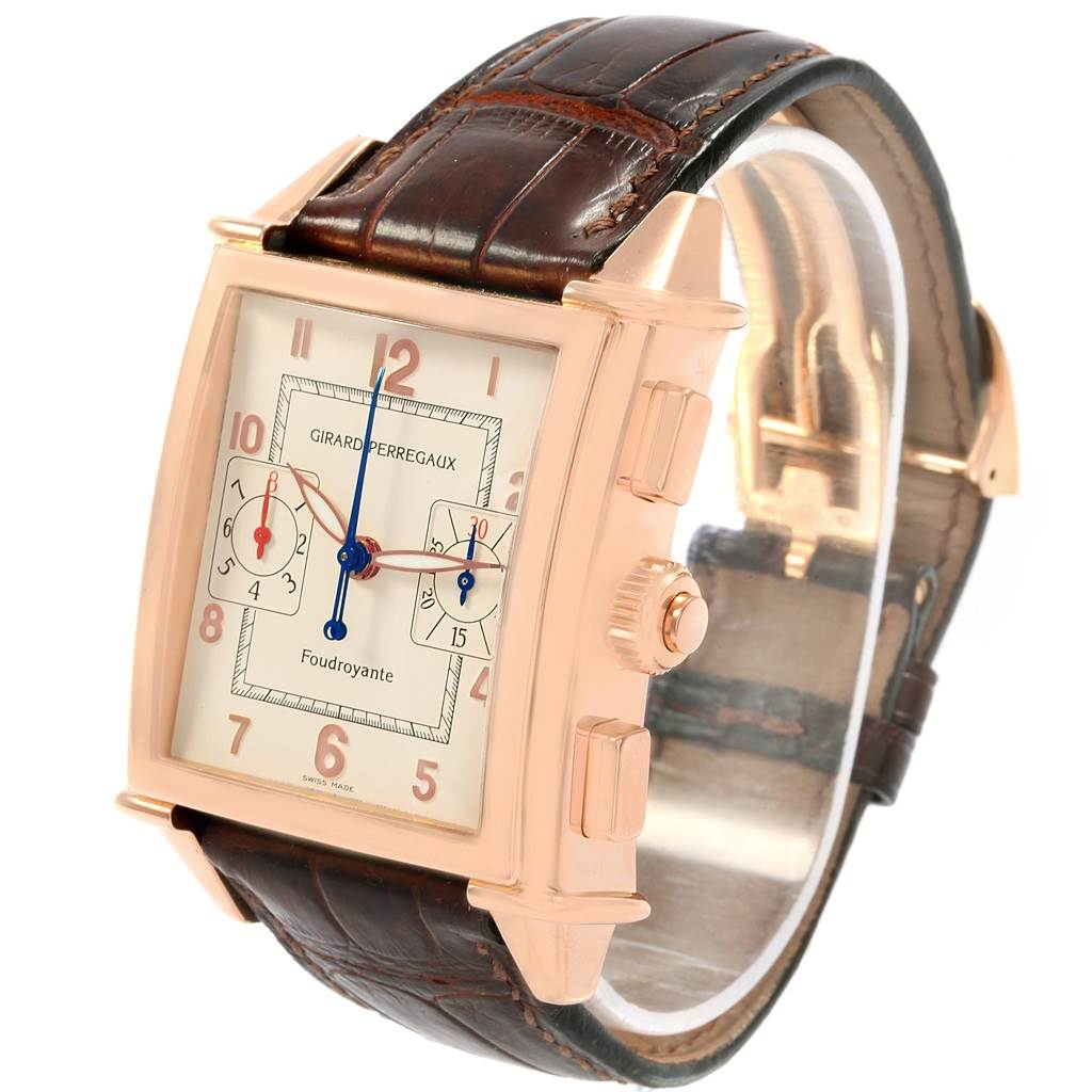 The image shows a Girard-Perregaux 9021 Men's Rose Gold Silver Dial 9021 Men's Rose Gold Silver Dial 1945 Rose Gold Split Second Chrono Watch 9021 at a 3/4 angle, highlighting the face, case, and leather strap.
