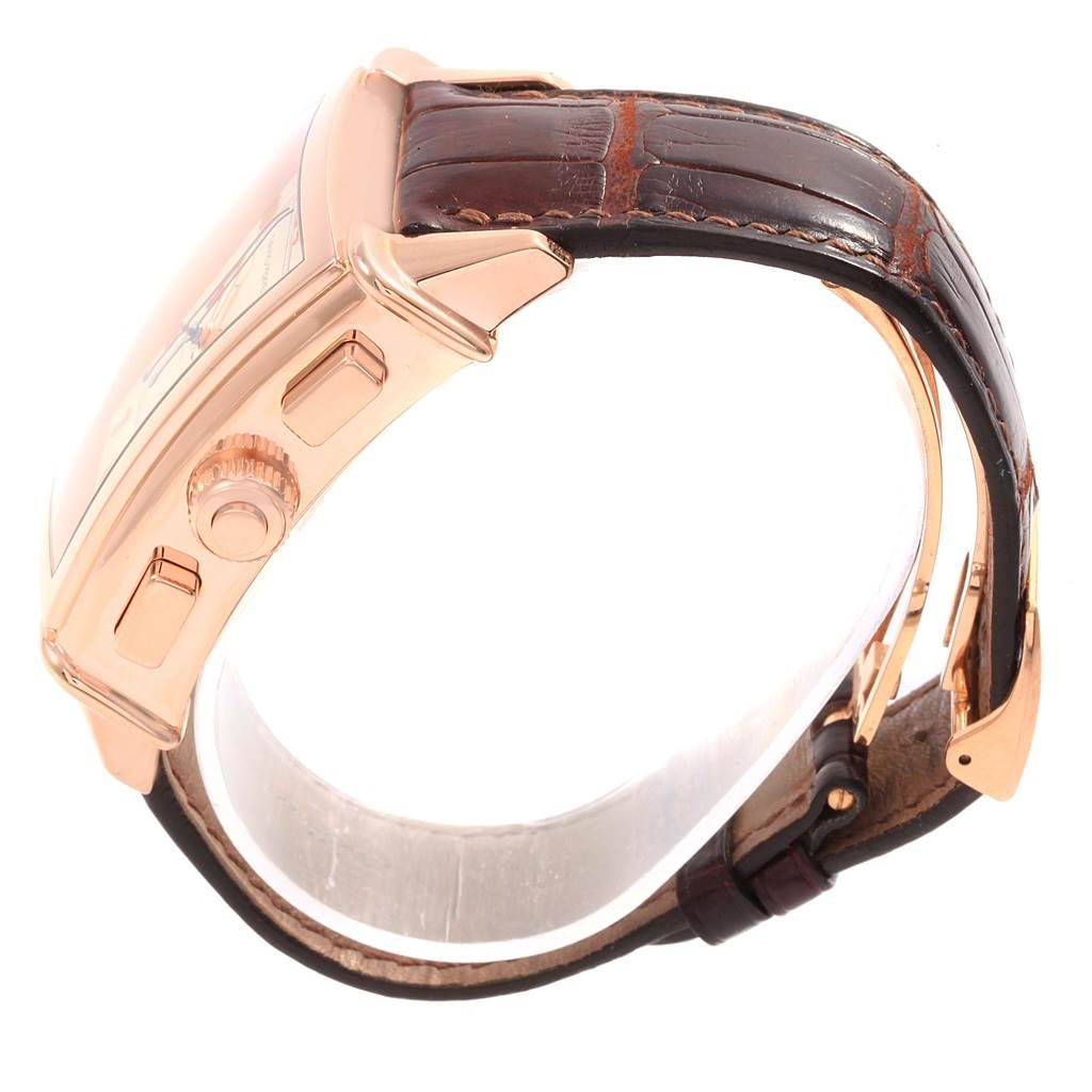 The image shows a side view of the Girard-Perregaux 9021 Men's Rose Gold Silver Dial 9021 Men's Rose Gold Silver Dial 1945 Rose Gold Split Second Chrono Watch 9021, highlighting the crown, pushers, and strap.