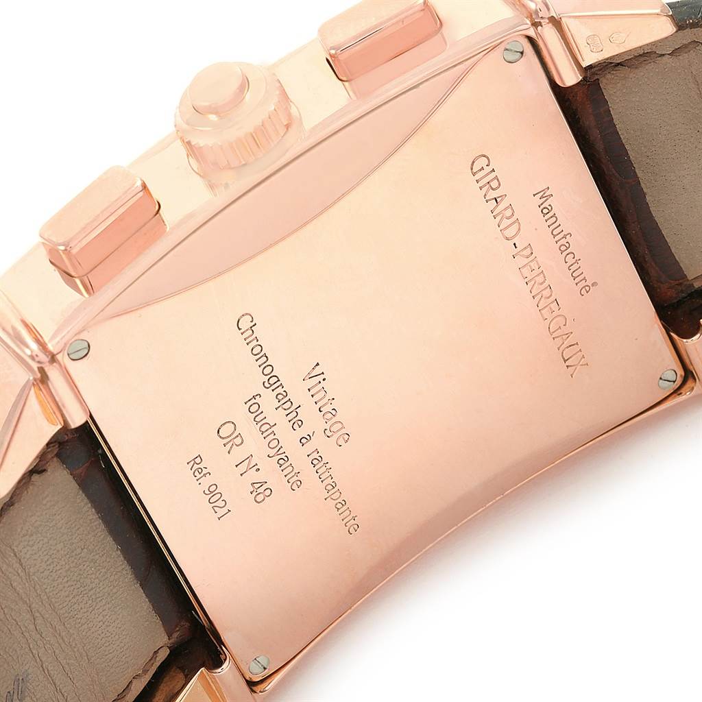 The image shows the case back and side view of a Girard Perregaux 1945 Rose Gold Split Second Chrono Watch, model 9021.