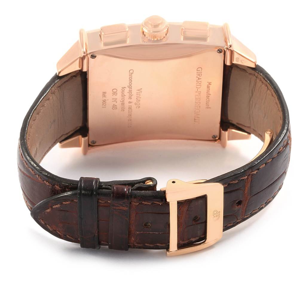 The image shows the back view of the Girard Perregaux 1945 Rose Gold Split Second Chrono Watch 9021 with a leather strap and clasp.