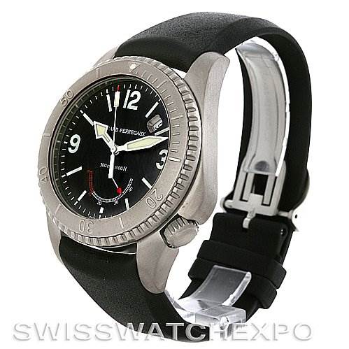 This image shows a side angle of the Girard-Perregaux 49900-21-652-FK6D Men's Titanium Black Dial 49900-21-652-FK6D Men's Titanium Black Dial Sea Hawk II Titanium 49900-21-652-FK6D watch, displaying its dial, bezel, and strap.