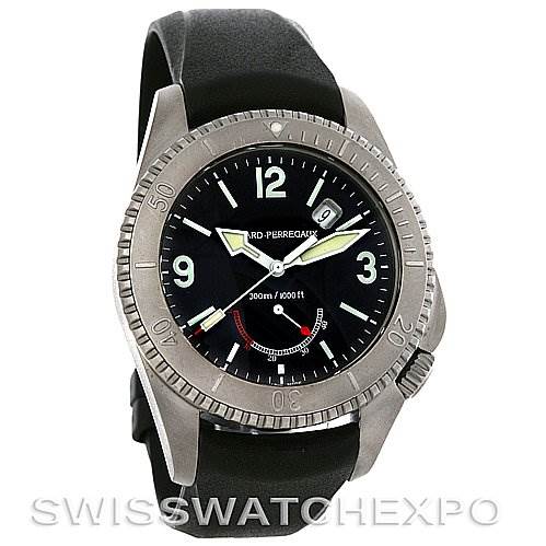 This image shows a front view of the Girard Perregaux Sea Hawk II Titanium 49900-21-652-FK6D watch, highlighting its dial, bezel, and strap.