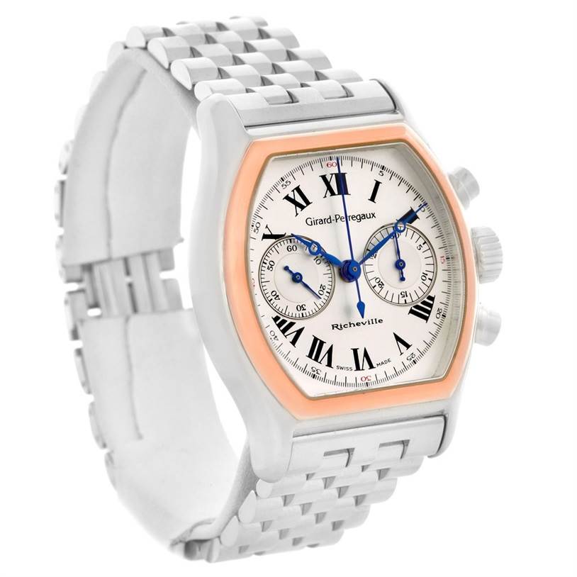 The Girard Perregaux Richeville Chronograph Steel and Rose Gold Watch 2710 is shown at an angled front view highlighting the dial and bracelet.