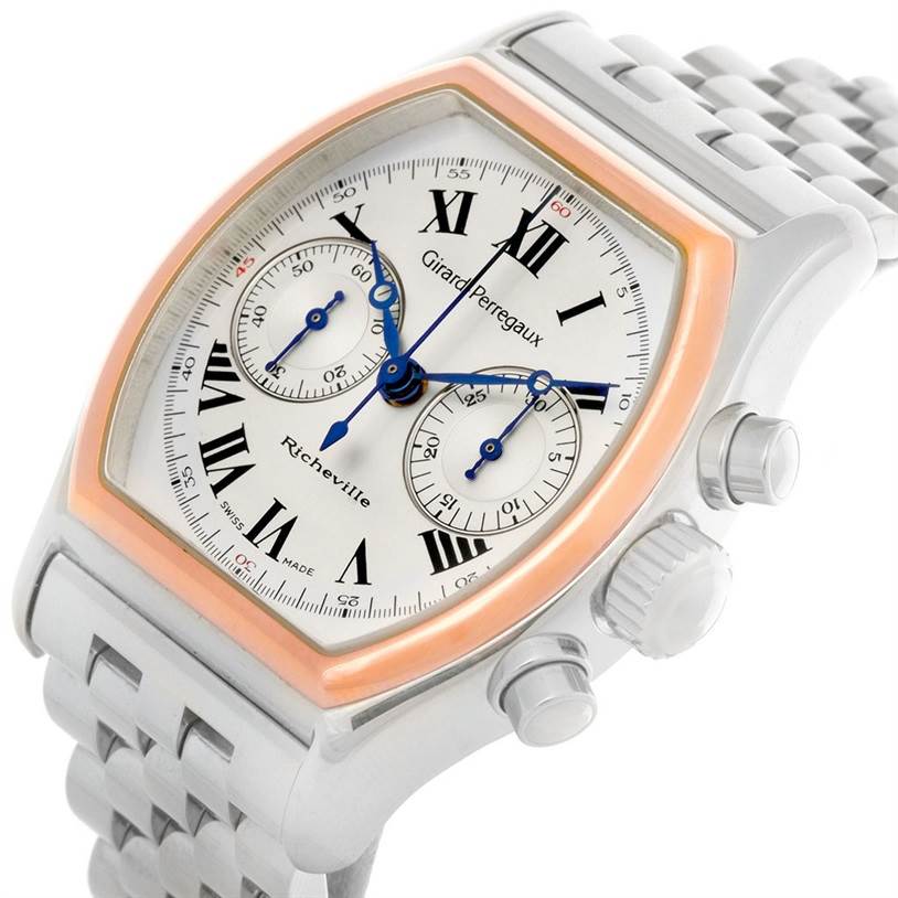 The Girard-Perregaux 2710 Men's Stainless Steel Silver Dial 2710 Men's Stainless Steel Silver Dial Richeville Chronograph Steel and Rose Gold Watch 2710 is shown at a three-quarter angle, highlighting its face and bracelet.