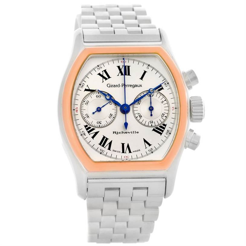 The image shows a front view of the Girard Perregaux Richeville Chronograph Steel and Rose Gold Watch 2710 by Girard-Perregaux 2710 Men's Stainless Steel Silver Dial 2710 Men's Stainless Steel Silver Dial.