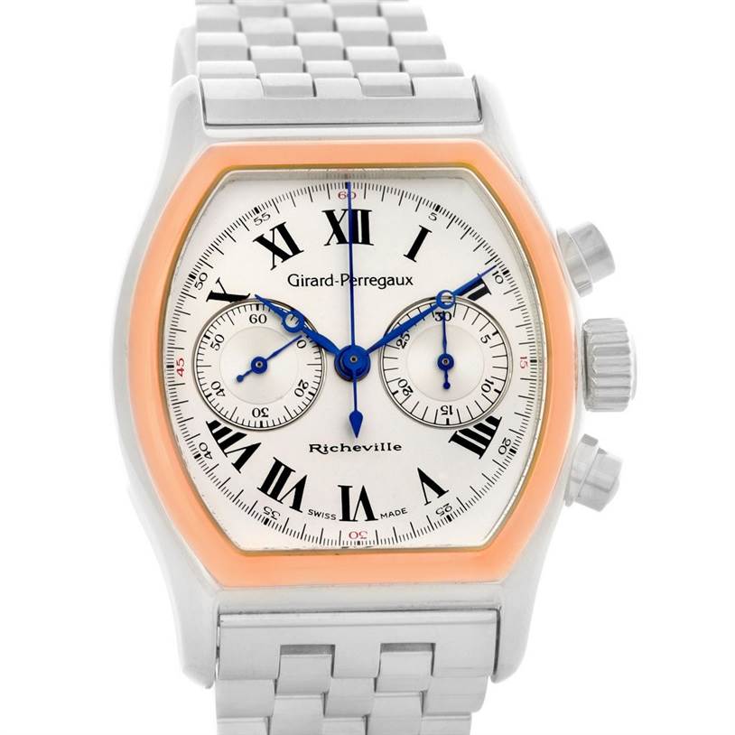 The image shows a front view of the Girard Perregaux Richeville Chronograph Steel and Rose Gold Watch 2710 by Girard-Perregaux 2710 Men's Stainless Steel Silver Dial 2710 Men's Stainless Steel Silver Dial.