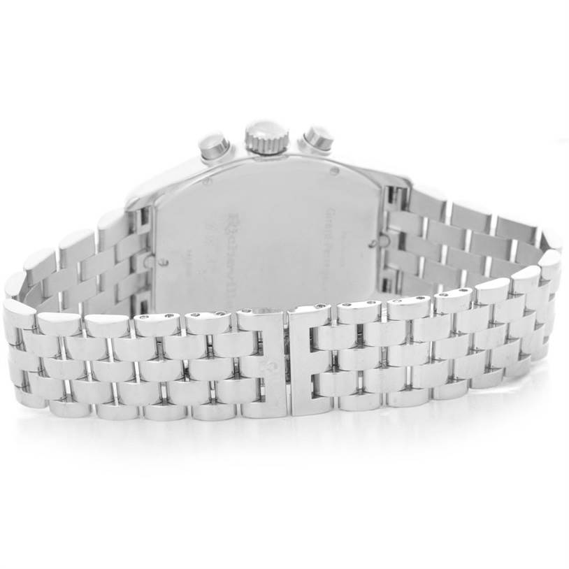 The image shows the back of the Girard-Perregaux 2710 Men's Stainless Steel Silver Dial 2710 Men's Stainless Steel Silver Dial Richeville Chronograph Steel and Rose Gold Watch 2710, highlighting the bracelet and clasp.