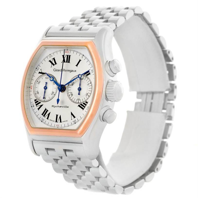 The image shows a Girard Perregaux Richeville Chronograph Steel and Rose Gold Watch 2710 model by Girard-Perregaux 2710 Men's Stainless Steel Silver Dial 2710 Men's Stainless Steel Silver Dial at a slight angle.