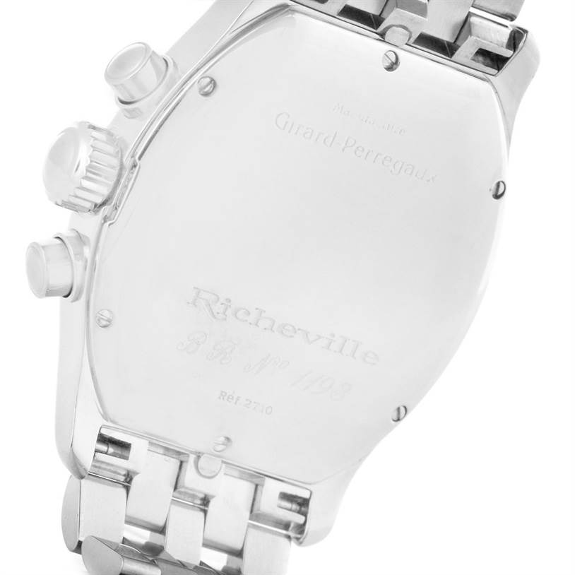 The image shows the back view of the Girard Perregaux Richeville Chronograph Steel and Rose Gold Watch 2710, highlighting the case back and bracelet.