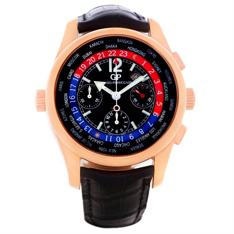 The Girard-Perregaux 49800 Men
s Rose Gold Black Dial 49800 Men
s Rose Gold Black Dial World Time WW.TC 18K Rose Gold Watch 49800 model is shown from a front angle, displaying its multi-timezone dial.