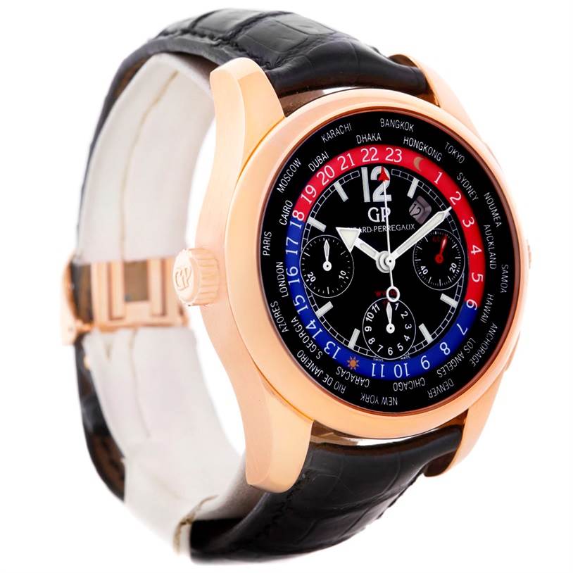 This image shows a Girard-Perregaux 49800 Men
s Rose Gold Black Dial 49800 Men
s Rose Gold Black Dial World Time WW.TC 18K Rose Gold Watch 49800 model at a three-quarter angle, highlighting its bezel, dial, and strap.
