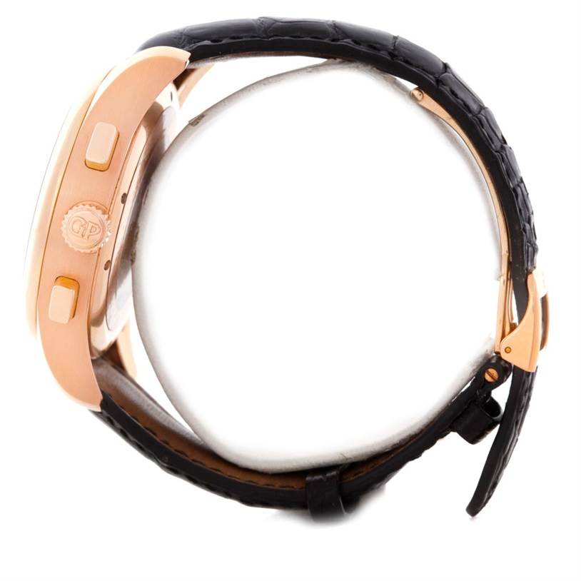 The image shows a side view of the Girard-Perregaux 49800 Men
s Rose Gold Black Dial 49800 Men
s Rose Gold Black Dial World Time WW.TC 18K Rose Gold Watch 49800, highlighting its case, crown, and strap.