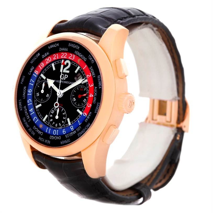 The image shows a Girard Perregaux World Time WW.TC 18K Rose Gold Watch 49800 by Girard-Perregaux 49800 Men
s Rose Gold Black Dial 49800 Men
s Rose Gold Black Dial, angled slightly from the side to highlight the face and case.