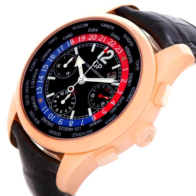 The image shows a close-up angled view of the Girard-Perregaux 49800 Men
s Rose Gold Black Dial 49800 Men
s Rose Gold Black Dial WW.TC 18K Rose Gold Watch 49800, highlighting its face and bezel.