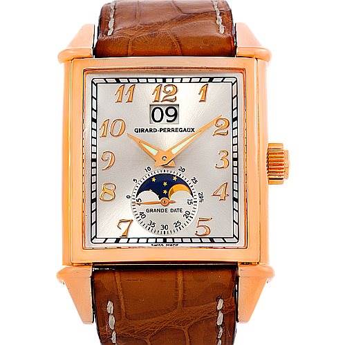 The image shows a front angle view of the Girard-Perregaux 25882-52-121-BB6B Men's Rose Gold Silver Dial 25882-52-121-BB6B Men's Rose Gold Silver Dial Big Date Moon Phase 18K Rose Gold Watch 2580 with a brown leather strap.