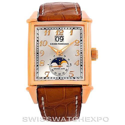 The Girard Perregaux Big Date Moon Phase 18K Rose Gold Watch 2580 model is shown from the front, displaying its dial and leather strap.