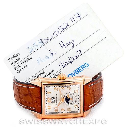 The image shows a front view of the Girard-Perregaux 25882-52-121-BB6B Men's Rose Gold Silver Dial 25882-52-121-BB6B Men's Rose Gold Silver Dial Big Date Moon Phase 18K Rose Gold Watch 2580, with the dial and a brown leather strap visible.