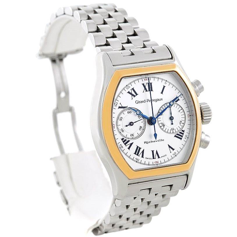 This image shows a Girard-Perregaux 2710 Men's Stainless Steel Silver Dial 2710 Men's Stainless Steel Silver Dial Richeville 2710 watch at a slight angle, showcasing its steel and rose gold case and bracelet.