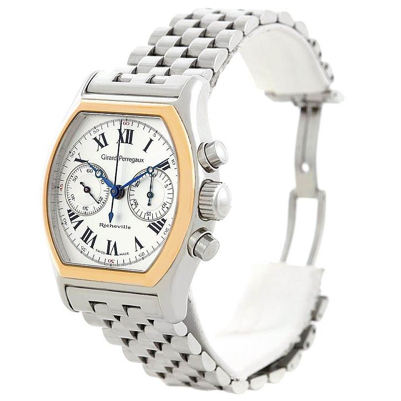 The image shows a Girard Perregaux Richeville Steel and Rose Gold 2710 watch from an angled side view, highlighting its dial, bezel, and bracelet.