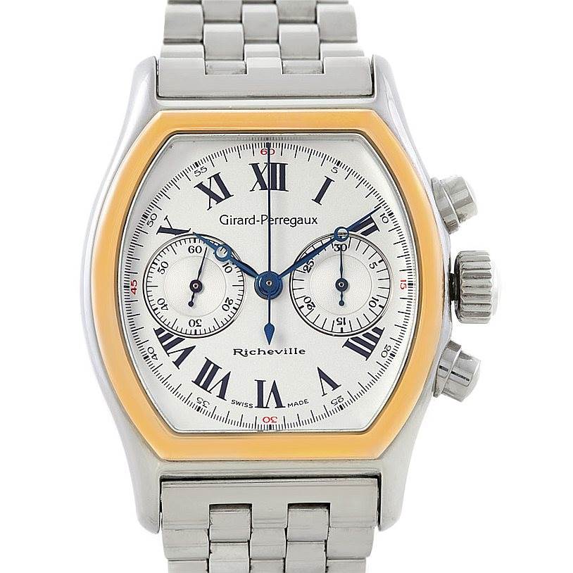 This image shows a frontal view of the dial, case, and bracelet of a Girard Perregaux Richeville Steel and Rose Gold Watch 2710.