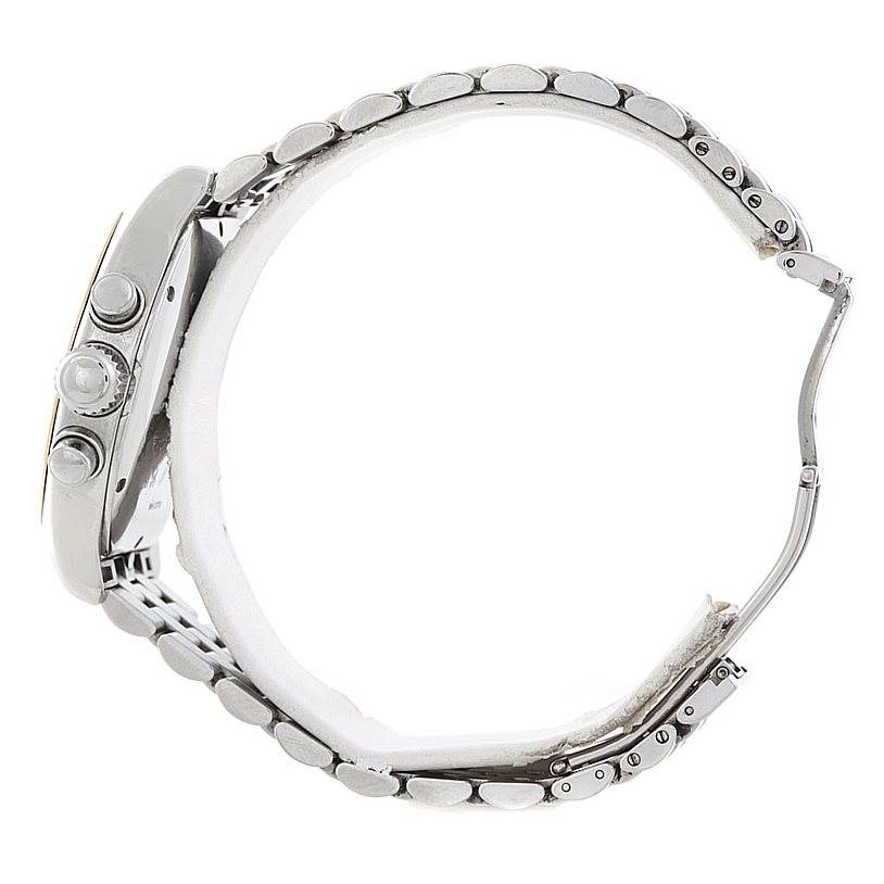 Side view of the Girard-Perregaux 2710 Men's Stainless Steel Silver Dial 2710 Men's Stainless Steel Silver Dial Richeville Steel and Rose Gold Watch 2710, showing the bracelet and side buttons.