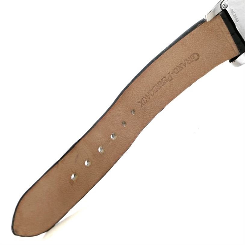 This image shows a close-up view of the leather strap and part of the buckle of the Girard Perregaux Tortue Stainless Steel Diamond Ladies Watch 2656.