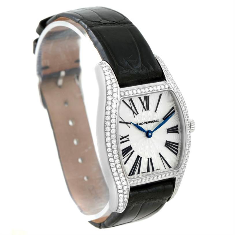 This image shows the Girard-Perregaux 2656 Women's Stainless Steel Silver Dial 2656 Women's Stainless Steel Silver Dial Tortue Stainless Steel Diamond Ladies Watch model 2656 from a front angle, highlighting its face and strap.