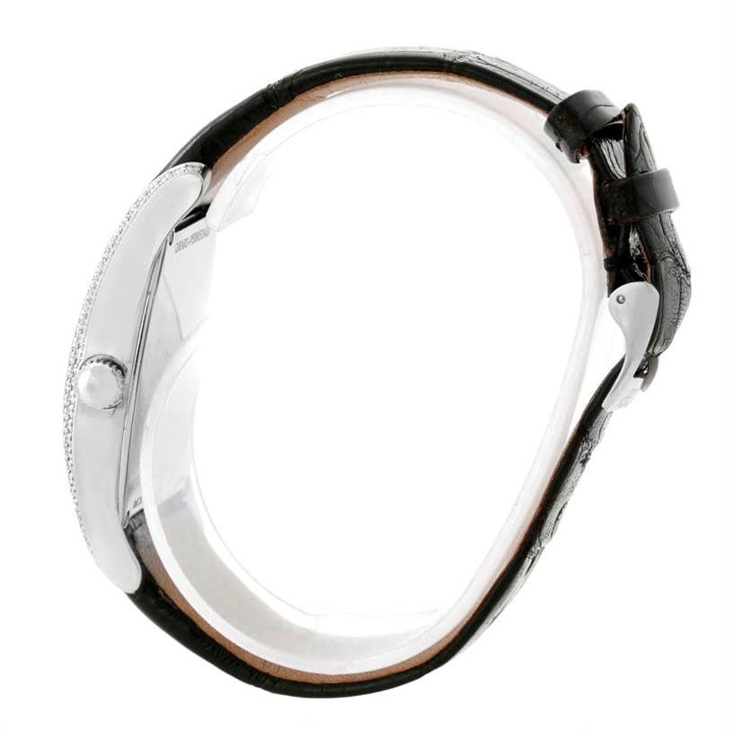 The image shows a side view of the Girard Perregaux Tortue Stainless Steel Diamond Ladies Watch 2656 model, highlighting the case, crown, and strap.